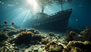 ai generado submarino aventuras buceo dentro azul mares, explorador naufragios y coral generado por ai foto