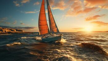 AI generated Sailboat sails at sunset, nature beauty on water reflection generated by AI photo