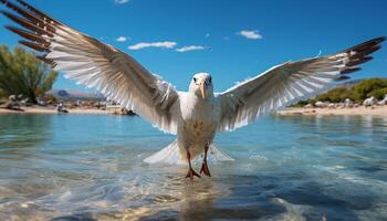AI generated Seagull flying, outdoors, blue, feather, water, freedom, summer, coastline generated by AI photo