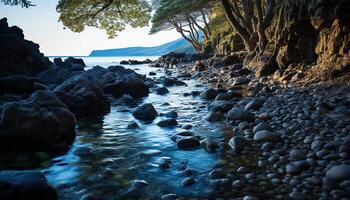 AI generated Tranquil scene sunset over blue waters, rocky coastline, serene nature generated by AI photo