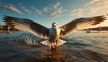 AI generated Seagull flying freely, wings spread, in nature tranquil sunset generated by AI photo