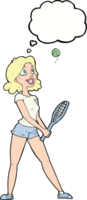 cartoon woman playing tennis with thought bubble png