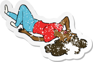 retro distressed sticker of a cartoon woman lying on floor png