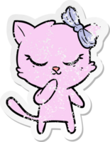 distressed sticker of a cute cartoon cat with bow png