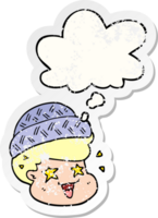 cartoon boy wearing hat with thought bubble as a distressed worn sticker png