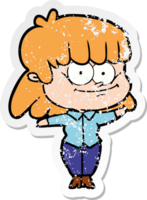 distressed sticker of a cartoon girl smiling png