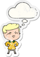 cartoon annoyed man with thought bubble as a distressed worn sticker png