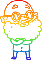 rainbow gradient line drawing of a cartoon curious man with beard and glasses png