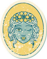 iconic distressed sticker tattoo style image of a maiden with crown of flowers winking png