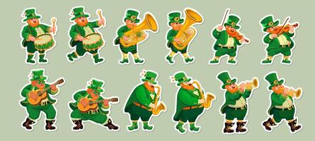 Musicians in leprechaun costumes. St. Patricks Day. Stickers. Vector set.