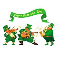 Saint Patricks Day. Funny musicians in leprechaun costumes. Vector illustration.