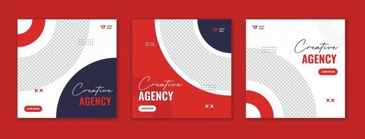 Red minimal corporate social media post design. Creative round shape business square template bundle vector