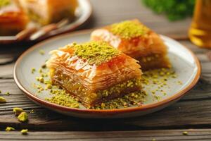 AI generated Baklava with pistachio nut on plate, layered pastry dessert made of filo pastry, and sweetened with syrup or honey photo