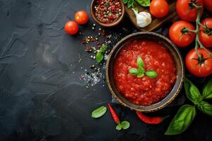 AI generated Homemade Tomato Sauce Passata - Traditional Recipe of Italian Cuisine - Top View with Copy Space. generative ai photo