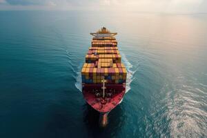 AI generated A loaded container cargo ship is seen ahead above the ocean. generative ai photo