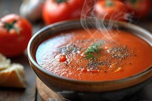 ai generado tomate shorba un humeante cuenco de cremoso tomate sopa guarnición. generativo ai foto