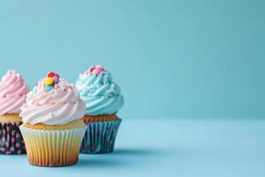 AI generated Colorful Cup Cakes Isolated on Pastel Blue Background, Copy Space Style, generative ai photo