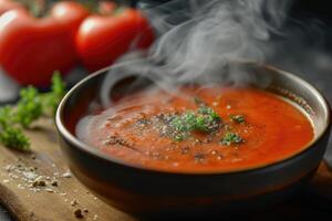 ai generado tomate shorba un humeante cuenco de cremoso tomate sopa guarnición. generativo ai foto