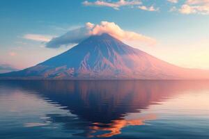 ai generado volcánico montaña en Mañana ligero reflejado en calma aguas de lago. generativo ai foto