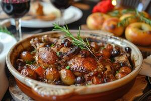 ai generado complacer en francés tradición, coq au vin - un culinario obra maestra foto