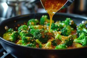 AI generated Stir-fry the broccoli with the sauce poured over photo