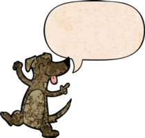 cartoon dancing dog with speech bubble in retro texture style png