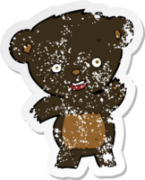 retro distressed sticker of a cartoon waving black bear png