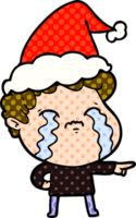 hand drawn comic book style illustration of a man crying wearing santa hat png