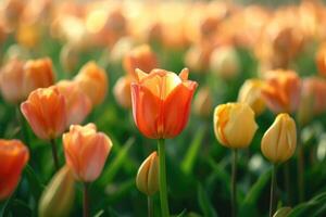 ai generado naranja tulipán, en pie en el centrar de un grande grupo de tulipanes en frente de un verde campo, en el estilo de romántico suave atención y etéreo ligero. selectivo enfocar. generativo ai foto