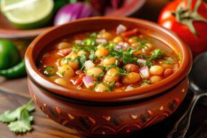 ai generado sopa con un girar, descubrir el negrita y picante delicias de pozole. generativo ai foto