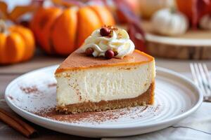 AI generated Autumn Delight Indulging in the Richness of Pumpkin Spice Cheesecake. generative ai photo