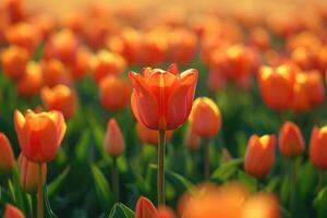 AI generated Orange Tulip, Standing in The Center of a Large Group of Tulips in Front of a Green Field, in The Style of Romantic Soft Focus and Ethereal Light. Selective Focus. generative ai photo