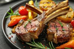 AI generated Grilled rack of lamb with Saute vegetables photo