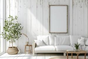 AI generated Minimalist farmhouse living room with blank frame mockup on white wooden wall paint photo