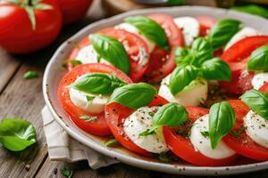 ai generado ensalada caprese con tomate queso Mozzarella y albahaca. generativo ai foto