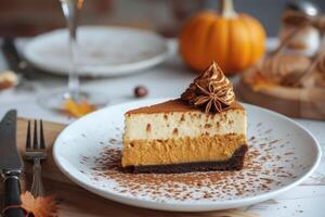 AI generated Autumn Delight, Indulging in the Richness of Pumpkin Spice Cheesecake. generative ai photo