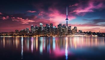 ai generado paisaje urbano a noche urbano horizonte, rascacielos, oscuridad, famoso sitio reflexiones de arquitectura en puesta de sol agua ciudad vida iluminado al aire libre generado por ai foto