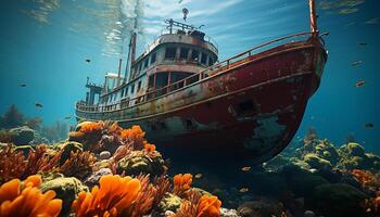 AI generated Underwater shipwreck reveals colorful fish and abandoned nautical vessel generated by AI photo