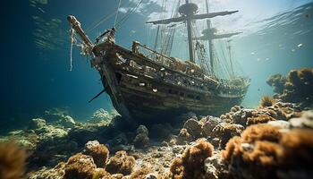 AI generated An old shipwreck rests underwater, surrounded by colorful fish generated by AI photo