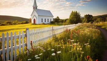 ai generado cristiandad belleza en naturaleza rural capilla, prado, atardecer, y cruzar generado por ai foto