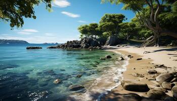 AI generated Tropical coastline, turquoise waters, palm trees, and tranquil relaxation generated by AI photo