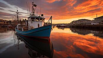 ai generado puesta de sol terminado tranquilo línea costera, pescar barco amarrado a comercial muelle generado por ai foto