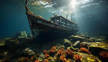 ai generado un abandonado naufragio revela el belleza de submarino mar vida generado por ai foto