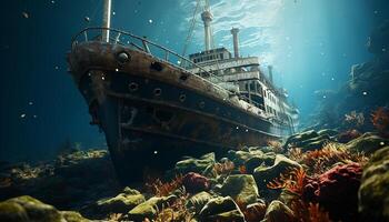 AI generated Underwater shipwreck reveals rusty abandoned transportation in deep blue seascape generated by AI photo