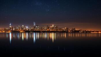 ai generado brillante ciudad luces reflejar en el tranquilo frente al mar a oscuridad generado por ai foto