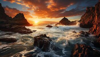 AI generated Sunset over the majestic rock, waves crash on the coastline generated by AI photo