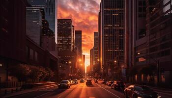 AI generated City life at dusk skyscrapers illuminate the night with motion generated by AI photo