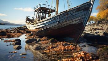 AI generated Abandoned shipwreck on tranquil coastline, nature beauty in nautical vessel generated by AI photo