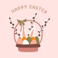 Colorful eggs, Willow branch and Rabbit in Wicker Easter Basket. Isolated Vector Illustration of brown Pannier with Ribbon Bow on Holiday with Text Happy Easter. Festive Design Element for Postcard.