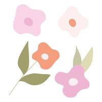 Floral Vector Set with Flat Doodle Style Abstract Flowers and Leaves. Botany Hand drawn sketch Collection. Vector Cartoon Elements Illustration Isolated on white for Card, Design, Poster. Sticker.